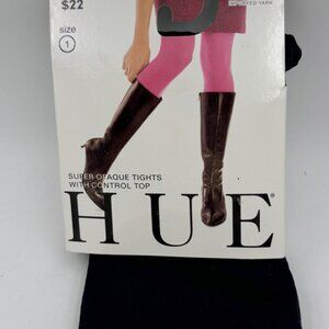 HUE Super Opaque Control Top Tights Jet Black Womens Size 1 Small Classic Hose